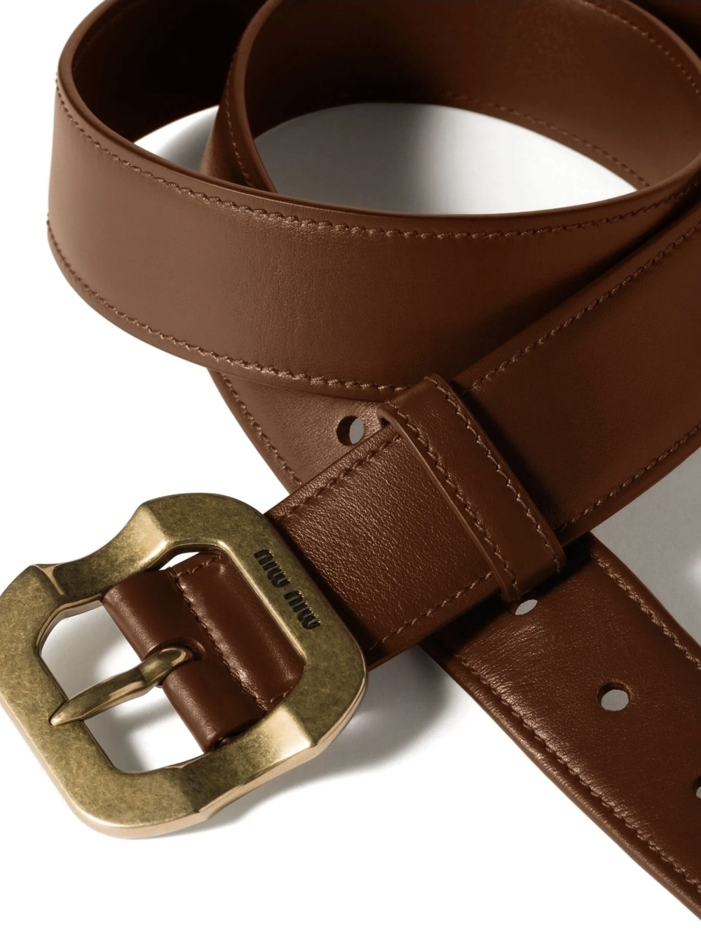 Miu Miu Brown Leather Belt with Brass-Tone Buckle